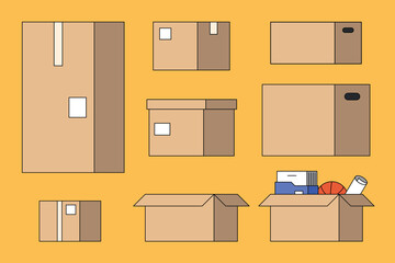 Obraz premium Cardboard moving boxes, flat graphic set vector