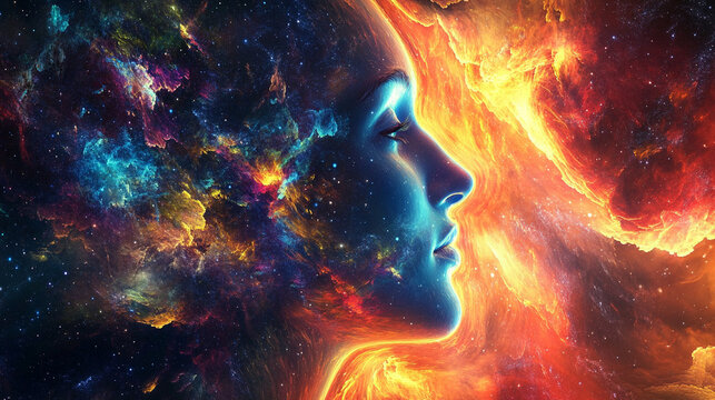 Mind projecting its own colorful universe with vibrant swirling patterns cosmic energy and abstract forms symbolizing imagination creativity thought exploration and limitless potential