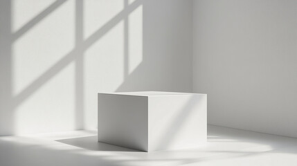 Fototapeta premium White pedestal cube with clean modern design stands in bright room corner with soft natural light and shadow creating minimalistic calm atmosphere