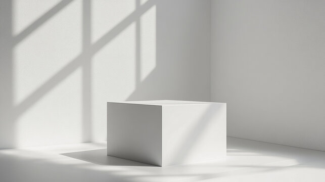 White pedestal cube with clean modern design stands in bright room corner with soft natural light and shadow creating minimalistic calm atmosphere
