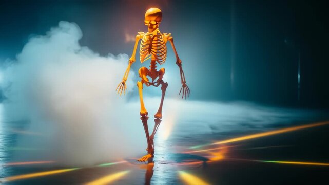 Dancing skeleton in smoky atmosphere with vibrant laser beams, celebrating life and death with