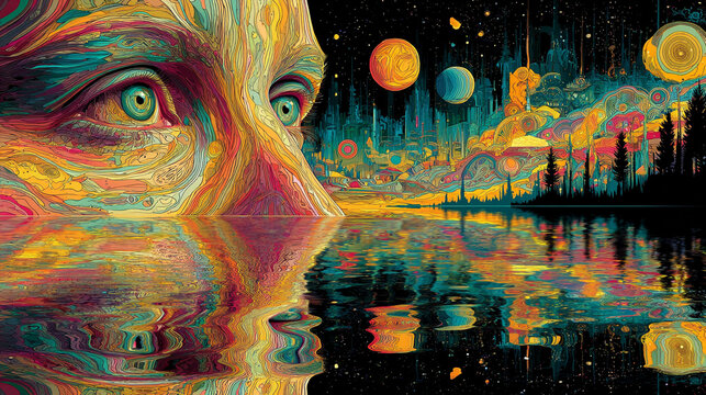 Mind projecting its own colorful universe with vibrant swirling patterns cosmic energy and abstract forms symbolizing imagination creativity thought exploration and limitless potential