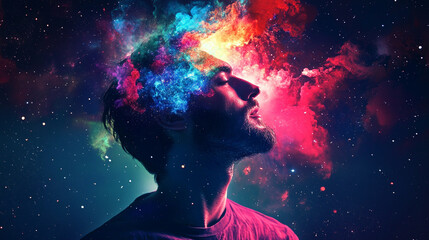 Mind projecting its own colorful universe with vibrant swirling patterns cosmic energy and abstract forms symbolizing imagination creativity thought exploration and limitless potential
