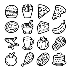 Hand drawn food icons, a collection of various meals and snacks, perfect for illustrating menus and recipes
