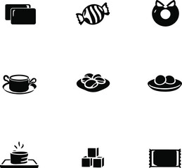 Nine black and white icons depicting sweets, drinks, and snacks arranged in a grid formation