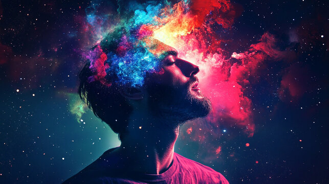 Mind projecting its own colorful universe with vibrant swirling patterns cosmic energy and abstract forms symbolizing imagination creativity thought exploration and limitless potential