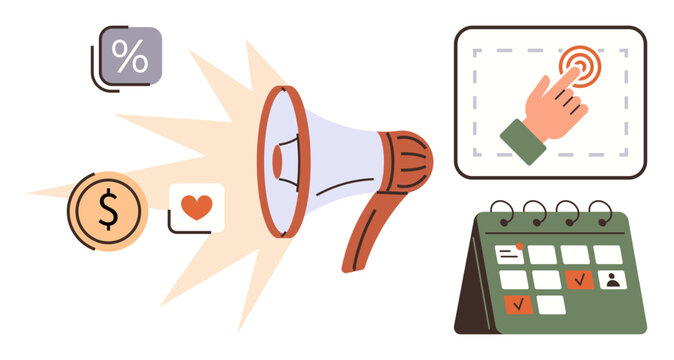 Megaphone emitting icons for percentage, money, heart calendar with tasks finger clicking screen. Ideal for promotion, engagement, advertising, planning, finance, communication simple flat metaphor