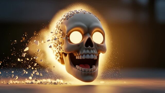 Stylized Skull Dissolving into Golden Particles Animation, Halloween, and Dark Fantasy Themes