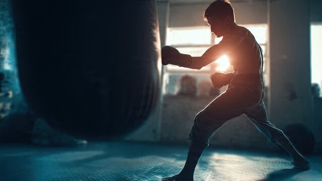 A silhouetted boxer punches a heavy bag in a dimly lit gym with sunlight streaming through windows, highlighting their determined posture and focus generative ai - Powered by Adobe