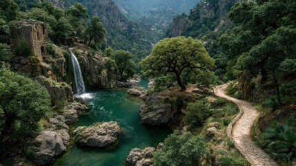 Waterfall cascading into a turquoise pool, with a stone path and lush trees
