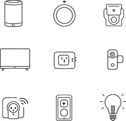 A collection of smart home device icons including a speaker, thermostat, and smart tv display icon