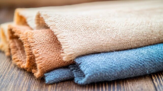Stacked natural fabric samples with frayed edges on wooden background close up