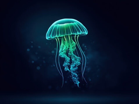 Glowing jellyfish with translucent green and blue colors floats gracefully in dark waters, creating mesmerizing underwater scene - Powered by Adobe