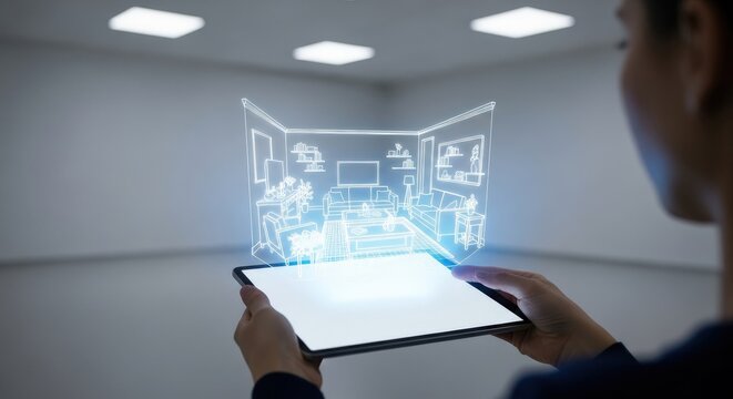 Person holding tablet displaying holographic 3d model of a building in a modern empty room