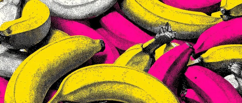 Bananas in vibrant yellow, pink, and grayscale, close-up