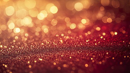Glowing red backdrop with radiant golden glitter and sparkling bokeh lights creating warm and festive atmosphere with shimmering texture and vibrant colors