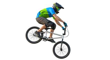 Fototapeta premium Man on a bmx bike wearing a helmet and gloves performing a wheelie with a black background in the image on transparent background