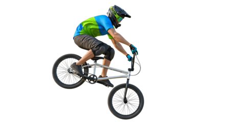 Man on a bmx bike wearing a helmet and gloves performing a wheelie with a black background in the image on transparent background