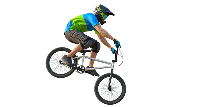 Man on a bmx bike wearing a helmet and gloves performing a wheelie with a black background in the image on transparent background