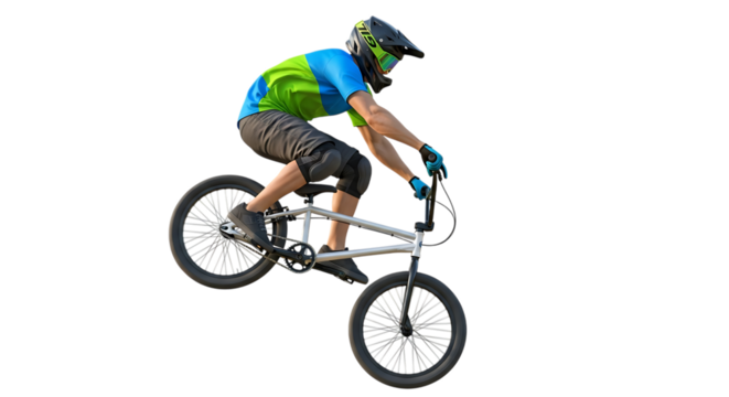 Man on a bmx bike wearing a helmet and gloves performing a wheelie with a black background in the image on transparent background