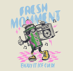 vintage graphic tee shirt design. funny vector artwork. cartoon character Cold drink can with music.