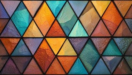 A colorful stained glass window with triangular panes in various shades and textures creating a mosaic