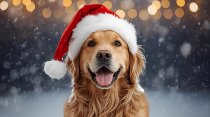 Golden retriever in the snow with red santa claus hat for christmas, ai