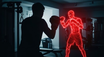 Boxer training with holographic opponent in dimly lit gym at night