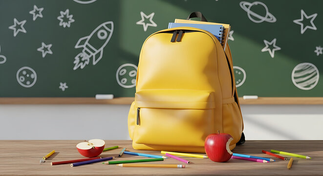 A yellow backpack placed in front of a chalkboard decorated with doodles, pencils, and an apple. The scene evokes a sense of anticipation and the joy of learning. - Powered by Adobe