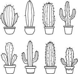 A collection of eight different hand drawn cactus plants in pots isolated on a white background