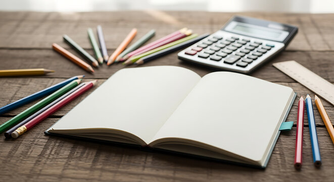 An open blank notebook, pencils, ruler, and a calculator on a wooden desk. It sets a scene for study or work, highlighting essential tools for creativity and calculation