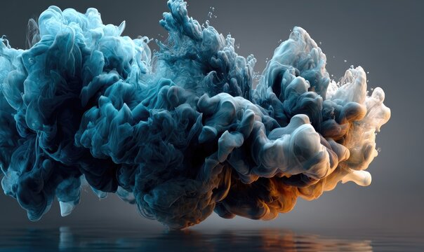 Ink plume swirls blue, orange in water. Ethereal scene - Powered by Adobe