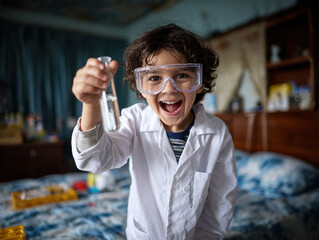 Obraz premium Excited child scientist wearing glasses and lab coat, holding test tube in cozy bedroom filled with science equipment