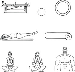 Line art illustration of pilates reformer yoga poses and muscular man on white background design layout