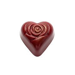 Heart Shaped Dark Red Chocolate With Rose Engraved And Golden Sprinkles Isolated On Black Background Studio Shot