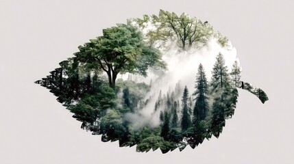 A silhouette of a leaf is filled with a double exposure of a misty forest scene, showcasing trees and fog.