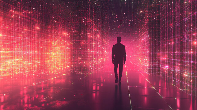 Back view of a person walking across a glowing holographic grid in a virtual surreal world, symbolizing exploration, digital reality, and the journey into futuristic realms.
