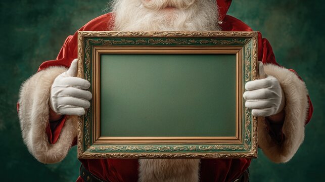 Santa Claus holding a festive golden frame for holiday marketing and business growth messaging concepts