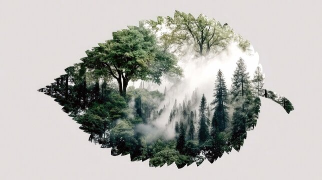 A silhouette of a leaf is filled with a double exposure of a misty forest scene, showcasing trees and fog.