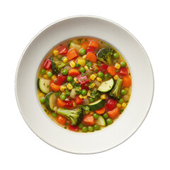 Hearty Vegetable Soup with Broccoli Carrots Peas and Zucchini in a White Bowl Overhead Shot