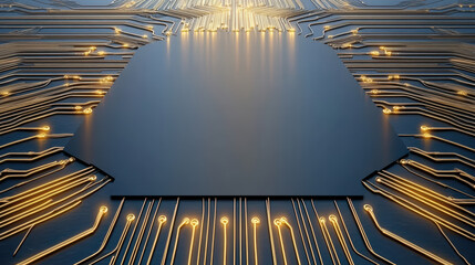 Sleek circuit board with glowing gold traces and empty central chip, calm futuristic glow