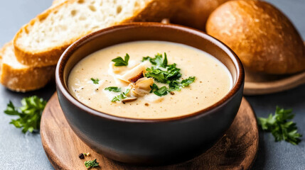 Creamy clam chowder sourdough bowl hearty coastal soup with parsley garnish
