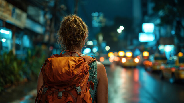 Back view of a solo backpacker standing beneath glowing city lights, capturing quiet courage, reflection, and the calm strength of exploring alone in an urban nightscape.