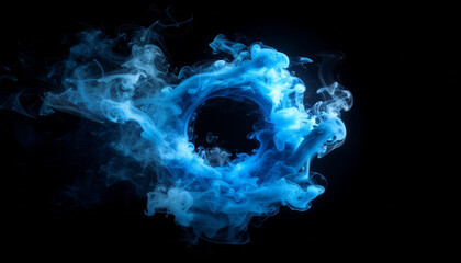 Blue smoke forming a circle shape on a black background.