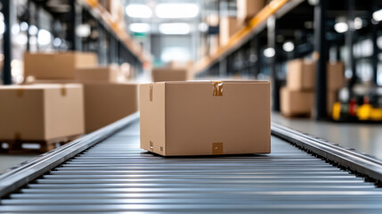 Cardboard box on conveyor belt in warehouse with smooth motion and industrial lighting