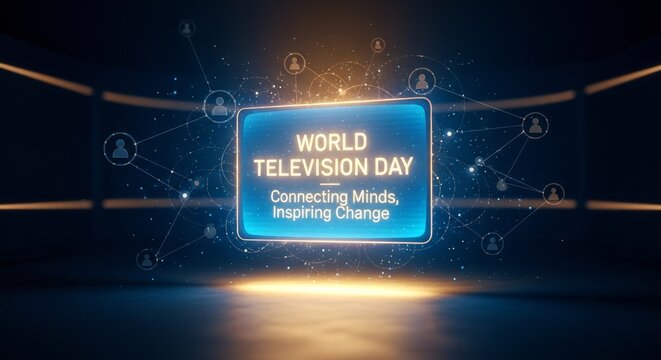 World Television Day design featuring a glowing digital screen, dynamic blue light trails, and modern visual elements symbolizing global connection and the impact of broadcasting.
