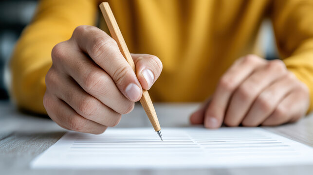 Person filling form with wooden pen and focused hand writing calmly