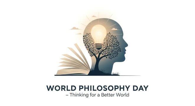 World Philosophy Day illustration featuring a human head silhouette with a glowing light inside the brain, area, and book symbolizing knowledge, wisdom, deep thinking, and intellectual reflection.