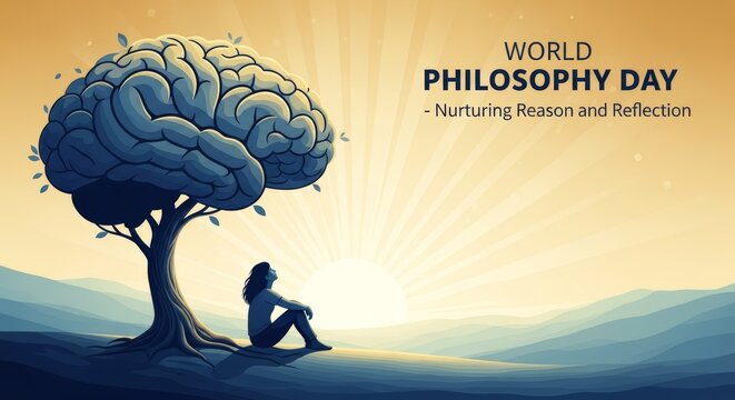 World Philosophy Day artwork showing a large tree shaped like a human brain standing over a seated woman at sunrise, symbolizing reason, reflection, mindfulness, and the pursuit of philosophical unde