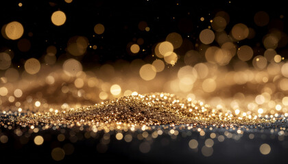 A glittering pile of gold dust with bokeh lights on a dark background, creating a magical and luxurious atmosphere.